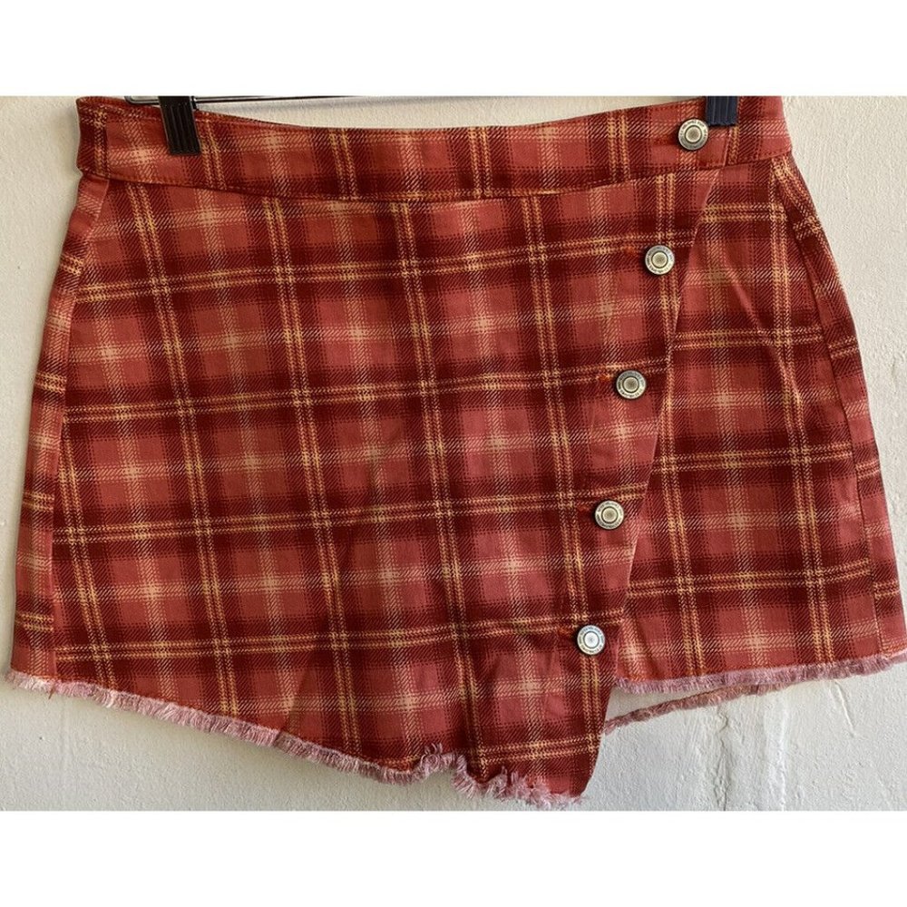 COPY - SO Wrap Mini Skirt Skort Juniors Size 11/30W High Rise Orange Gold Plaid…